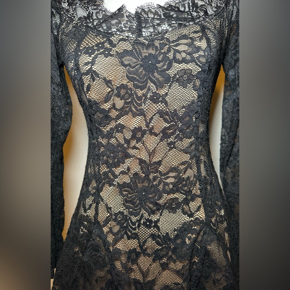 Black Lace Long Sleeve Mini Dress Sheer Floral Goth Fairy Romantic Fit & Flare - Picture 7 of 9